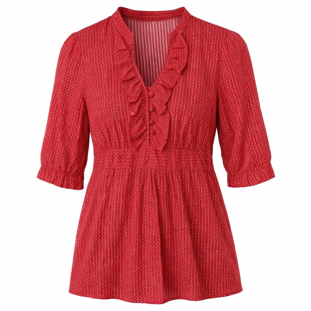 Vintage Loft Babydoll Y2K Red Polka‎ Dot Ruffle V-Neck Top Pinup Retro Size 2